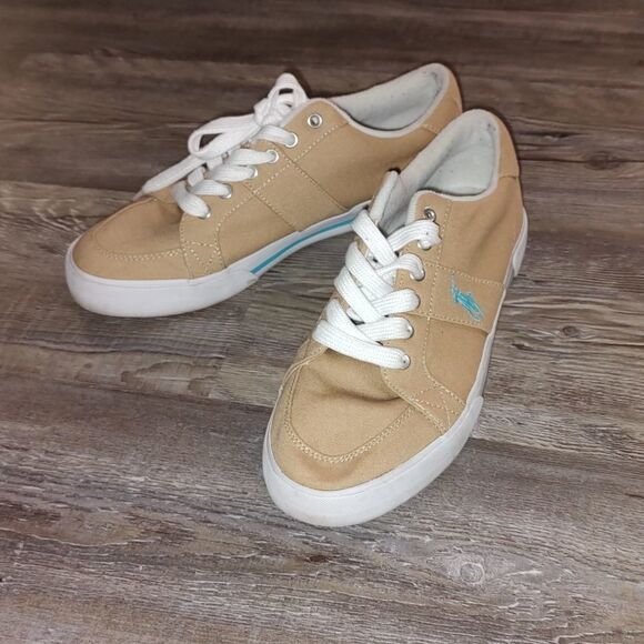Ralph Lauren Polo Men's Halida  tan canvas sneakers shoes Sz 9 - Picture 1 of 8